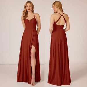 Azazie‎ Stretch Chiffon Elegant Maxi Dress Size 8 Darrelle Party Rust $129